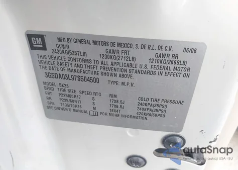 2007 Buick Rendezvous Cxl z USA, uszkodzony, nr VIN 3G5DA03L97S504500